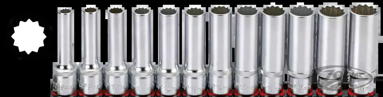 1/2" 12-Point Deep Socket Set, 12-Piece, on Rail, For Harley-Davidson
