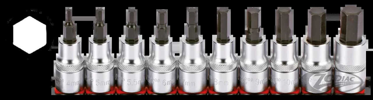 1/2" Metric Hex Socket Bit Set, 10 Pc on Rail, for Harley-Davidson