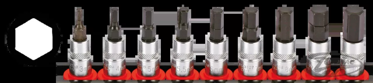1/4" Socket Bit Set, Metric Hex, 9-piece on rail for Harley-Davidson