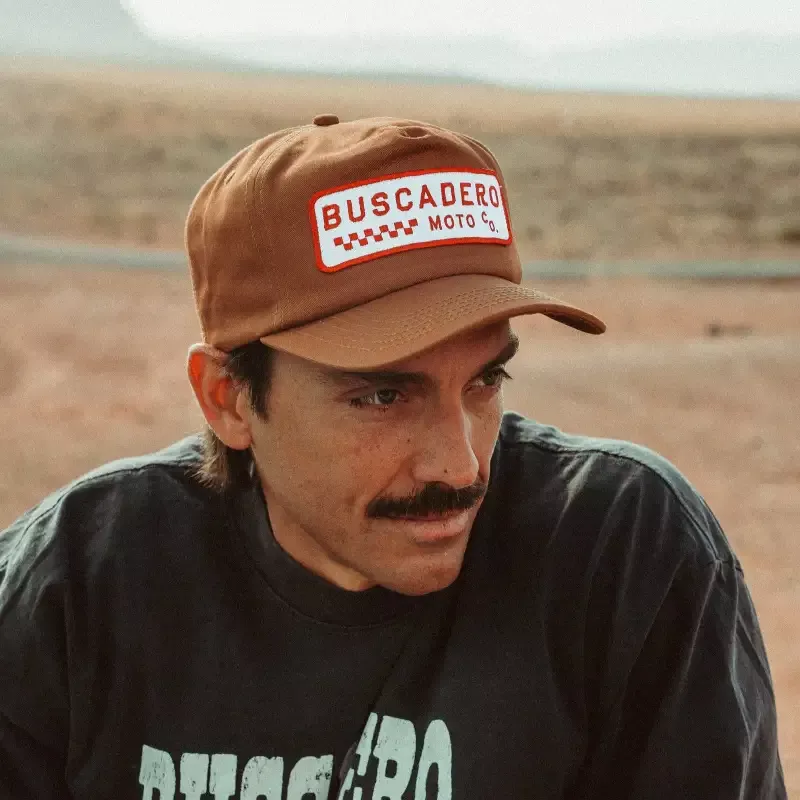 ‘Checker Moto’ Unstructured 5 panel Hat – Camel