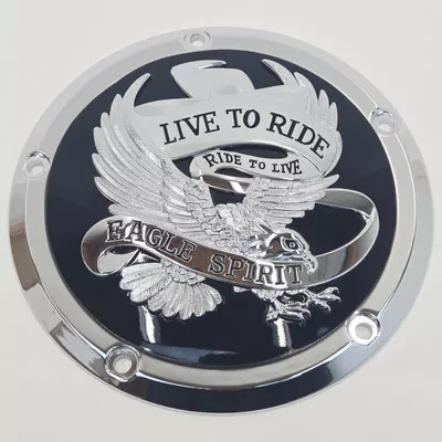 Chrome & Black Eagle Spirit Derby Cover for 2016-2025 Harley M8 Touring & Trike: Electra Glide FLHT, Road King FLHR, Street Glide FLHX, Road Glide FLTR, FL Trike & 2015-25 Ultra Classic Low FLHTCUL, Ultra Limited Low FLHTKL - Replaces HD# 25700388