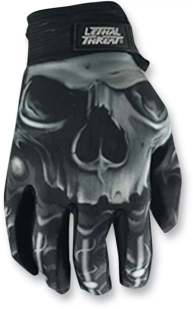 LETHAL THREAT Skull Gloves - Black, Large - Durable Sublimation Print & Reinforced Palm